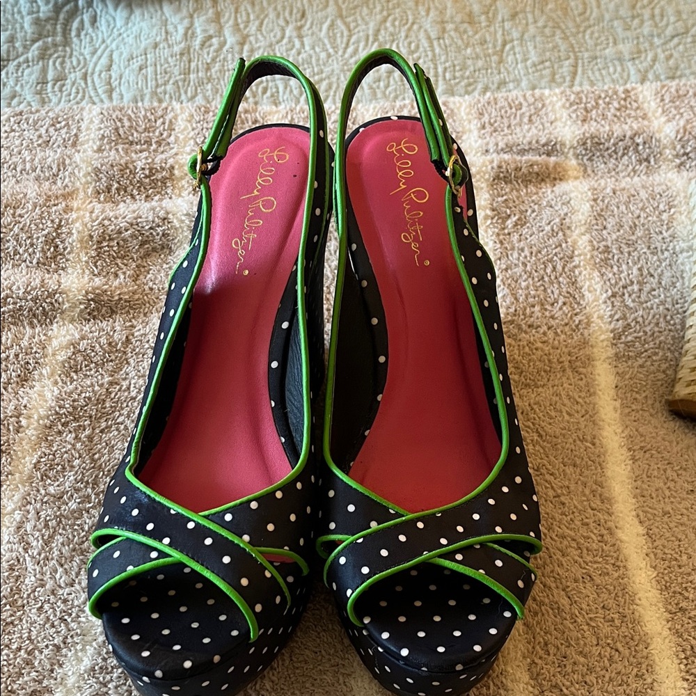 Lilly Pulitzer Navy and Green Polka Dot Heels